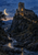 An illuminated stone church or abbey-like complex with a square tower sits on a wooded hill above a stream and stone bridge beneath a crescent moon.
