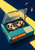Teal portable cassette player with an open lid, exposed reels, orange controls, and curling dark tape against a midnight-blue background with a yellow diagonal band.