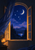 An open wooden arched window frames a crescent moon, stars, pine-covered hills, and a small lake.
