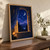 An open wooden arched window frames a crescent moon, stars, pine-covered hills, and a small lake.; frame shown for styling only