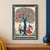 Decorative pomegranate tree with red fruit above two small musicians in dance-like poses, framed by an indigo geometric border.; frame shown for styling only