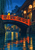 Bright vermilion arched bridge over a rainy canal, with a yellow-caped figure holding a clear umbrella, lanterns, traditional-looking buildings, and reflections.