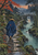 Cloaked traveler in a straw hat walking over wet stepping stones beside a stream, with an arched bridge, bamboo, lantern, and rain.