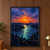 An orange sun sets behind a dark city skyline as a teal river reflection runs toward the foreground.; frame shown for styling only