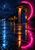Rainy nighttime motel entrance with an ajar blue door, amber lights, magenta neon arc, and colorful reflections on wet pavement.