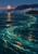 A small illuminated lighthouse on a dark headland above a curling turquoise sea, balanced by an apricot moon and copper reflections.