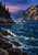 White passenger ferry crossing choppy teal water toward an illuminated cliffside village at twilight, framed by a cypress-covered point.