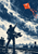 Rear-view figure on a city rooftop reaching toward a red-orange kite with trailing ribbons in a turbulent sky.