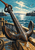 Wet iron anchor with a thick rope lying across a wooden boat, with a bright harbor, lighthouse, and distant gull behind it.