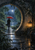 Small traveler with a red umbrella on a wet path beneath a circular stone garden opening, facing a moonlit pond and trees with a lantern at right.