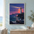 White lighthouse on a rocky headland casting a broad beam over a dusk bay, with a coral-pink sun and lit windows.; frame shown for styling only