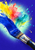 Diagonal paintbrush sweeping an ultramarine stroke into overlapping yellow, coral, and turquoise pigment washes on a blue-violet background.