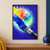 Diagonal paintbrush sweeping an ultramarine stroke into overlapping yellow, coral, and turquoise pigment washes on a blue-violet background.; frame shown for styling only