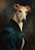 Cream-and-cinnamon greyhound-like dog in a teal jacket with a copper clasp against a dark mottled background.