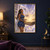 Pointed-eared woman in a blue dress beside a glowing open book in a cloud-filled fantasy library.; frame shown for styling only