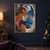 Red-haired pointed-eared woman in a coral cape standing at a rocky opening above a blue moonlit starry sea.; frame shown for styling only