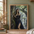 Pointed-eared woman in a dark gold-accented gown leaning against a massive tree in a rain-soaked forest.; frame shown for styling only