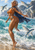 A silver-haired, pointed-eared woman stands in turquoise surf as three flying fish leap around her, with rocky cliffs behind.