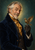Elderly mustached inventor in a dark blue coat and gold scarf presenting an open-winged brass mechanical bird against teal.