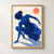 Abstract blue adult dancer in a low sweeping pose on a warm-white field, with turquoise accents, a coral-red sun, and a long pale-blue shadow.; frame shown for styling only