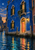 Cobalt-blue canal façade with a coral doorway, glowing arched windows, and colorful reflections in the water.