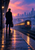 Silhouetted person carrying a guitar-shaped case watches an illuminated train recede from a wet platform at dusk.