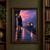 Silhouetted person carrying a guitar-shaped case watches an illuminated train recede from a wet platform at dusk.; frame shown for styling only