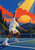 Full-figure tennis player in white serving overhead on a blue court beneath a large geometric orange and golden sunset.