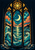 Pointed stained-glass-style arch with a crescent moon above curling waves, framed by dark tracery and topped with a bright rosette.