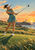 A woman golfer in a teal dress and visor completes a swing beside the sea, with a ball in the sky and a lighthouse on the sunset horizon.