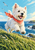 Shaggy white terrier with a red neckerchief leaping above grassy coastal ground, with blue sea, cliffs and two seabirds.