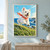 Shaggy white terrier with a red neckerchief leaping above grassy coastal ground, with blue sea, cliffs and two seabirds.; frame shown for styling only