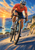 Adult cyclist in a coral-red jersey riding uphill out of the saddle on a coastal road above the ocean at sunset.