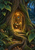 A small fox sits with an open book inside a glowing bookshop built into a huge tree trunk.