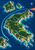 Illustrated green island chain in deep blue sea, with a dotted turquoise route from a lower-left harbor toward a lighthouse and a compass star.