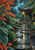 Open timber pavilion with a glowing lantern beside a reflective stepping-stone path in a lush garden.