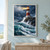 A red-and-white lighthouse shines from a rocky headland above turbulent teal waves as a warm beam crosses the storm sky and three birds fly overhead.; frame shown for styling only