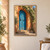 Weathered blue double doors with iron studs and ring handles beneath a terracotta arch, framed by white flowering vines and stone steps.; frame shown for styling only