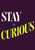 The words “STAY CURIOUS” in ivory and rising acid-lime serif capitals, with a small blue star on an aubergine background.