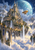 An ornate fantasy city of suspended towers and arches rises above a glowing cloud sea beneath a large turquoise planet, with a small airship nearby.