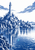Blue-and-white print of an imaginary harbor city with a slender lighthouse-like tower, arched bridges, boats, reflections, and a turquoise crescent in the water.