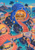 Whimsical seaside funfair with a cobalt-blue nautilus pavilion enclosing a lit carousel, curling coral-red stairs, shell stalls, waterways, lighthouse, and sunset.