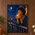 A woman with short natural curls holds a steaming mug in both hands at a balcony rail, with a moon, city lights and water behind her.; frame shown for styling only