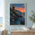 A timber beacon glowing above a rocky inlet as a small sailboat floats on dark water beneath a coral sunset.; frame shown for styling only