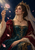 Crowned woman in an ornate gown and veil holds a luminous glass-like rose toward a diagonal beam of light as pale petals float nearby.