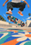 Airborne skateboarder with orange-red shoes above flower-painted pavement, a tilted floral skateboard deck, and a blue sky.