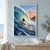 Small surfer riding a curling blue-green wave at sunset, with a lighthouse on a rocky headland in the distance.; frame shown for styling only