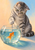 Silver tabby cat leaning toward an orange fish in a clear glass bowl against a pale apricot-and-blue background.