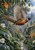 Copper-colored pheasant flying rightward over a reflective stream in a lush garden framed by wet foliage and flowers.
