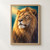 Close portrait of an adult male lion with a golden mane looking upward and left toward a pale warm glow against deep teal.; frame shown for styling only